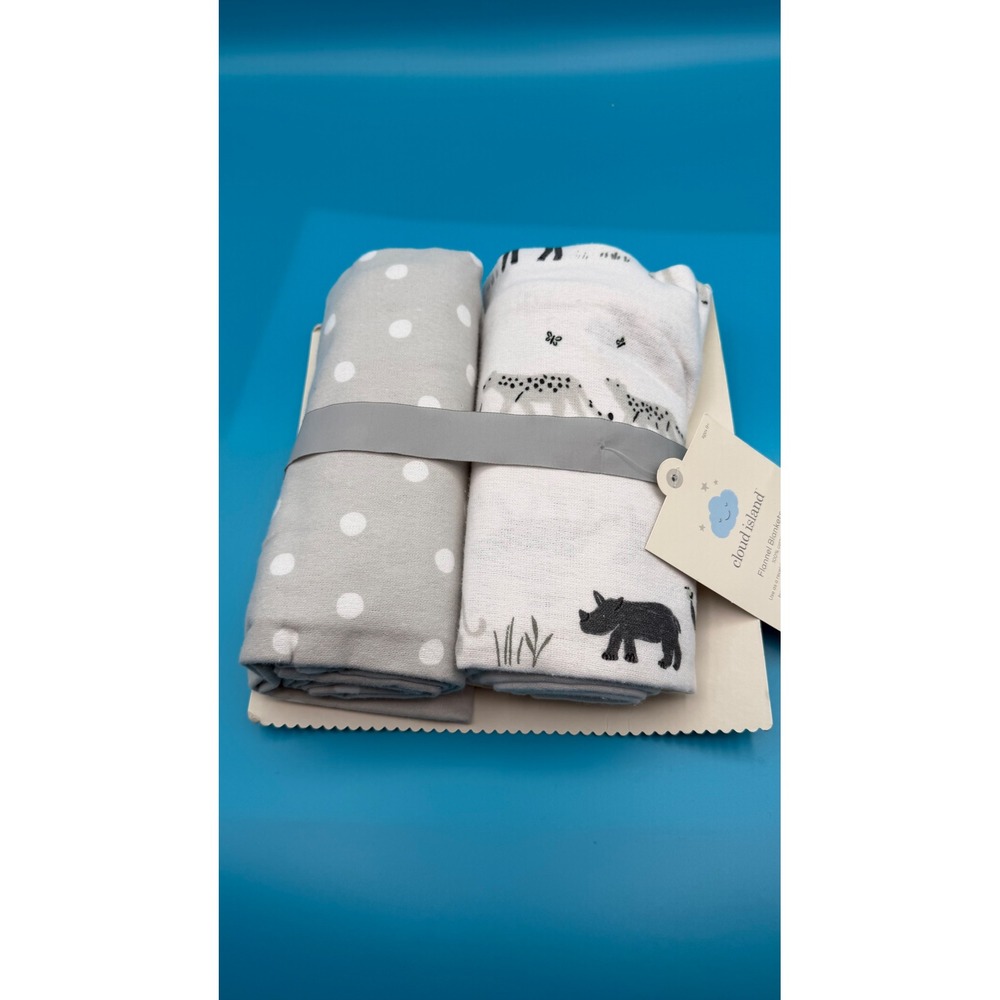 Cloud Island Flannel Baby Blankets 2pk OS Grey White NWT Safari Polka Dot Cotton